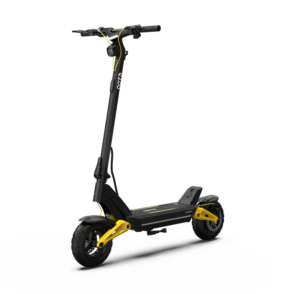Black foldable commuter electric scooter with yellow accents